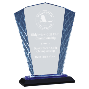 Clear Fan Accent Glass on Blue & Black Reflective Base - Glass Award