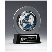 Glass Clock with World Dial on Black High Gloss Base, Black Plate Award - 7 1/4" x 8 3/4"