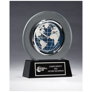 Glass Clock with World Dial on Black High Gloss Base, Black Plate Award - 7 1/4" x 8 3/4"