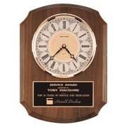 Walnut Quartz Clock, Brass Diamond Spun Bezel, Glass Lens, Ivory Dial, Plate Award - 10 1/2" x 13"
