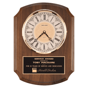 Walnut Quartz Clock, Brass Diamond Spun Bezel, Glass Lens, Ivory Dial, Plate Award - 10 1/2" x 13"