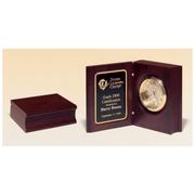Hand Rubbed Mahogany Finish Book Clock w/Gold Spun Dial, 3 Hand Movement, Plate Award - 5 3/8" x 4 1/4"