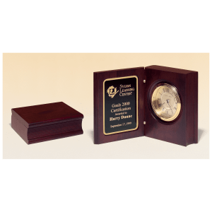 Hand Rubbed Mahogany Finish Book Clock w/Gold Spun Dial, 3 Hand Movement, Plate Award - 5 3/8" x 4 1/4"