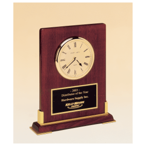 Desktop Clock, Rosewood Piano Finish Wood with Gold Metal Accents with Black Plate Award - 8 3/8" x 10"