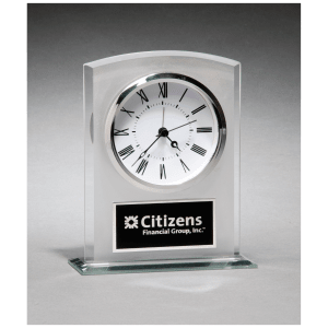 Glass Clock with Frosted Top, Polished Edge and Base with Black Plate Award - 5" x 6 1/4"