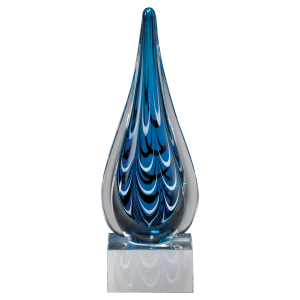 Blue and Black Teardrop Art Glass on Clear Glass Base - 10"