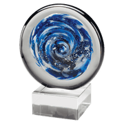 Blue and White Disc Art Glass on Clear Glass Base - 7"