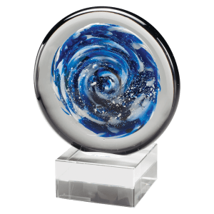 Blue and White Disc Art Glass on Clear Glass Base - 7"