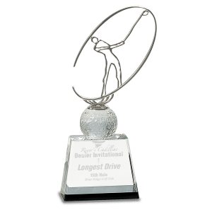 Clear/Black Crystal Golf Award with Silver Metal Oval Figure Award