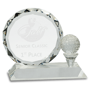 5 1/4" Round Facet Crystal with Golf Ball on Clear Pedestal Base Award