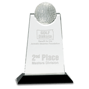 9" Clear Crystal Tablet with Inset Golf Ball on Black Pedestal Base Award