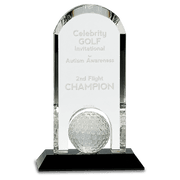 9" Clear Crystal Dome with Inset Golf Ball on Black Pedestal Base Award