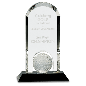 9" Clear Crystal Dome with Inset Golf Ball on Black Pedestal Base Award