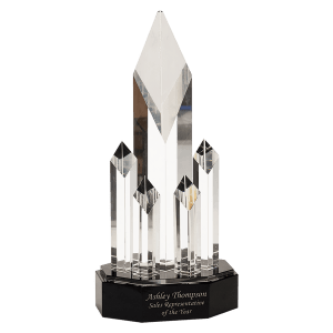 11" Clear Crystal 5 Rising Diamonds on Black Pedestal Base Award