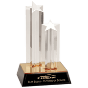 9 1/2" Clear Double Star Column Acrylic with Gold/Black Base Award
