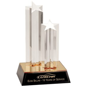 9 1/2" Clear Double Star Column Acrylic with Gold/Black Base Award