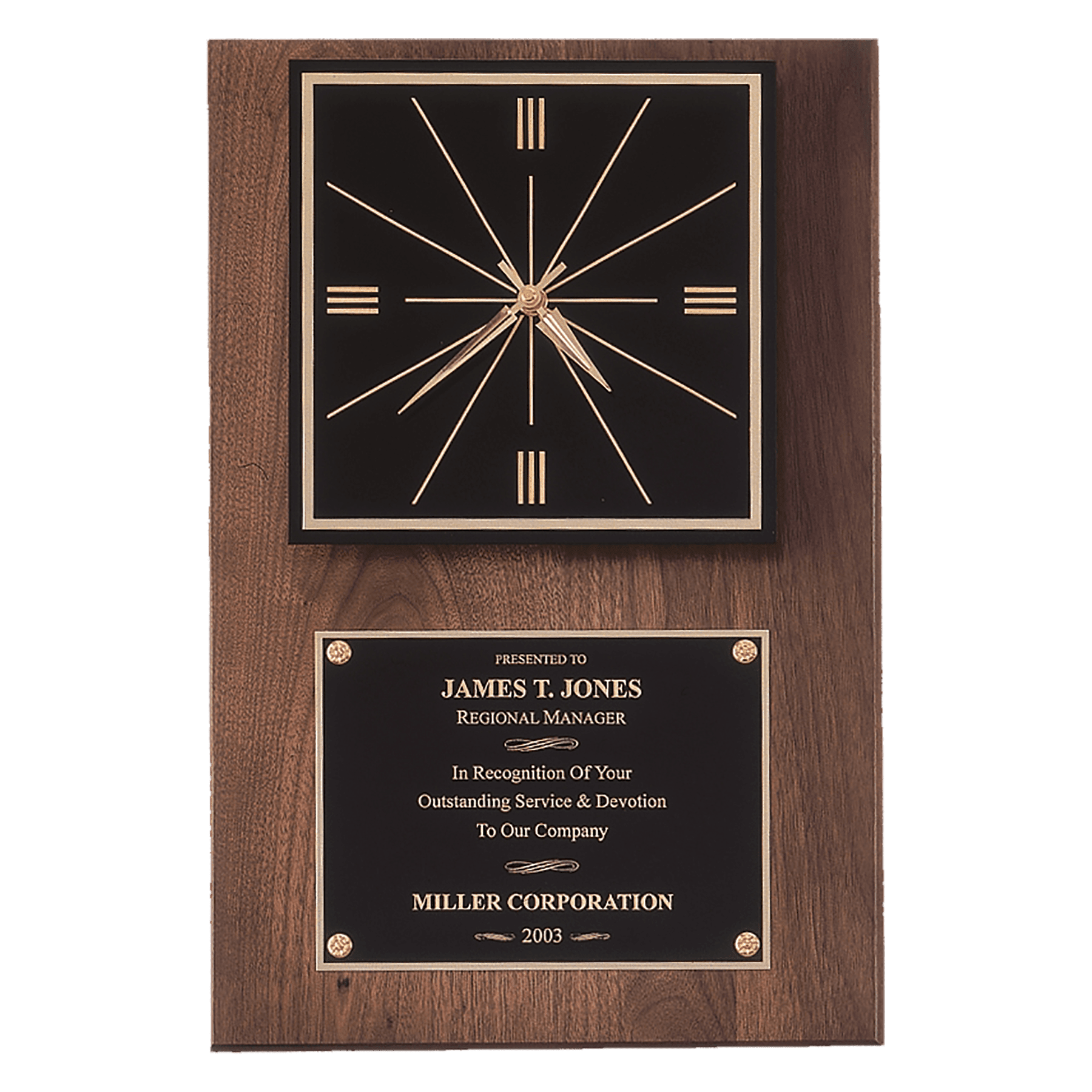 12" x 18" American Walnut Quartz Clock with Black Plate/Hangs Vertical or Horizontal Award
