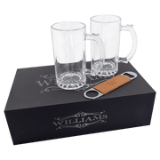 Lazerburst Beer Set with Two 14 oz. Mugs and One Rawhide Laserable Leatherette Bottle Opener