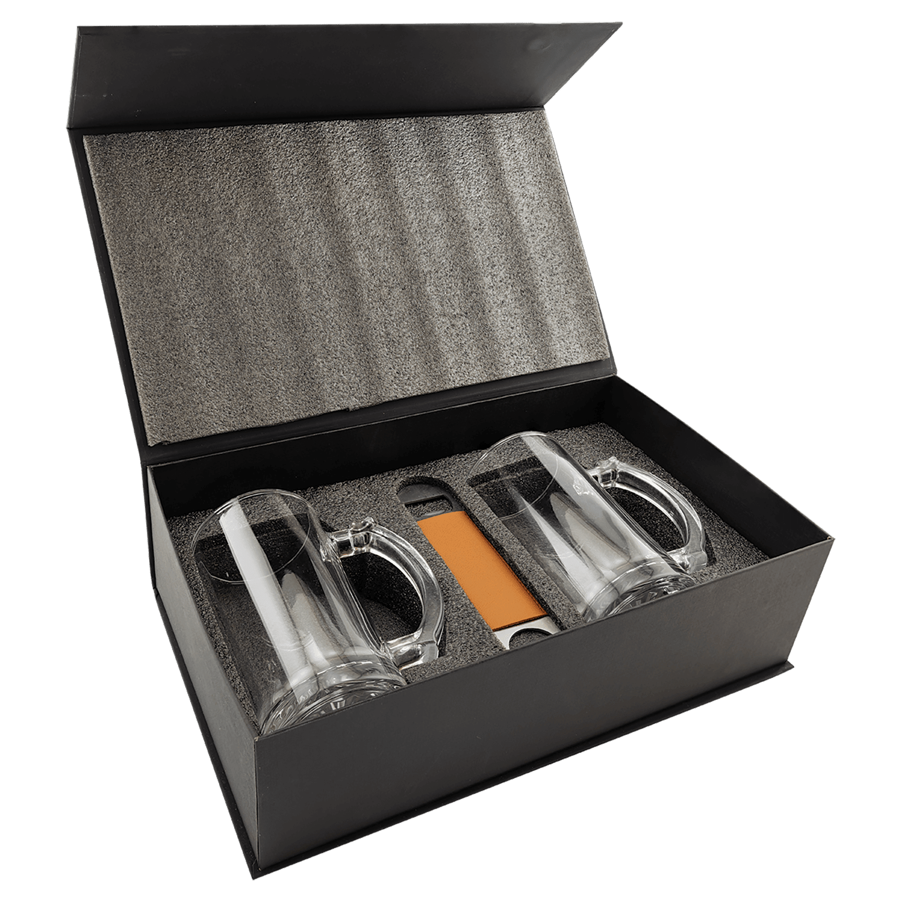 Lazerburst Beer Set with Two 14 oz. Mugs and One Rawhide Laserable Leatherette Bottle Opener