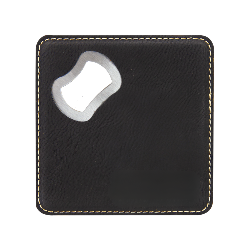 4" x 4" Square Black/Gold Laserable Leatherette Bottle Opener Coaster