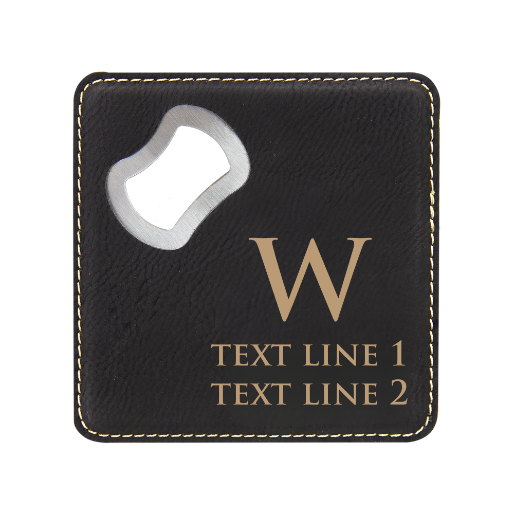 4" x 4" Square Black/Gold Laserable Leatherette Bottle Opener Coaster