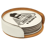 4" White Round Laserable Leatherette 6-Coaster Set