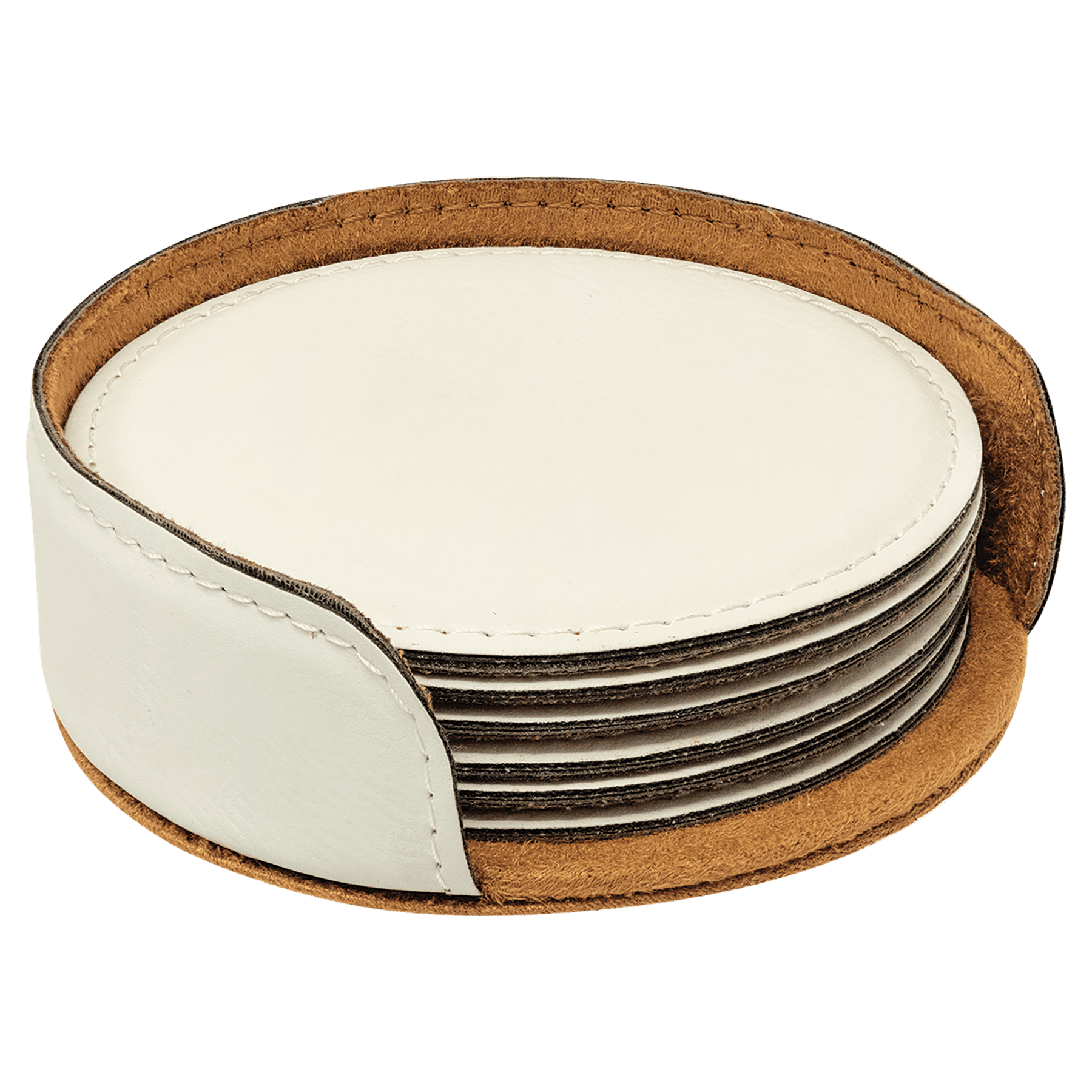 4" White Round Laserable Leatherette 6-Coaster Set