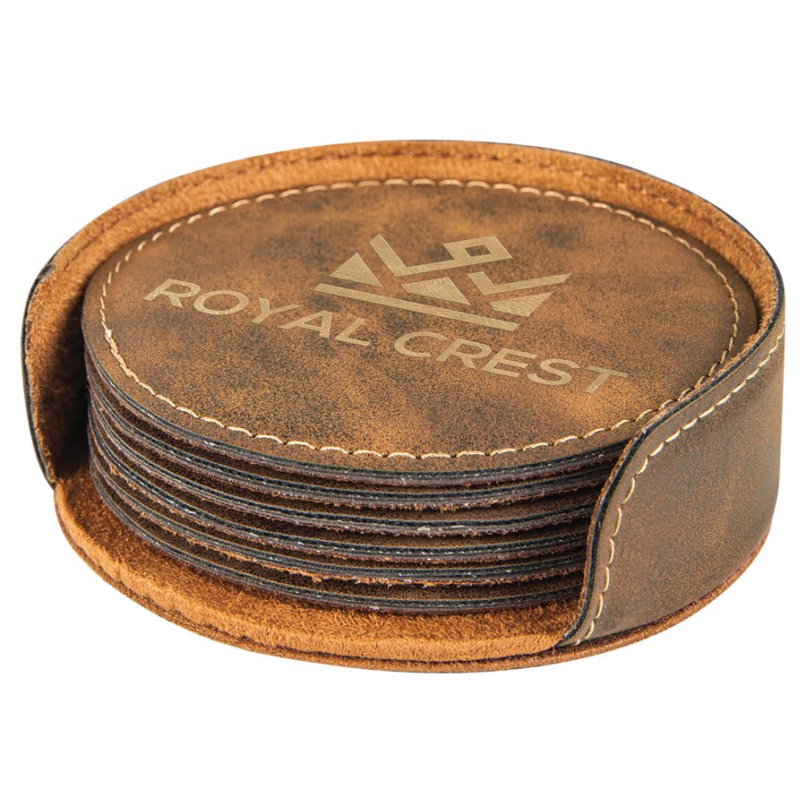 Personalized Rustic/Gold Round Leatherette 6-Coaster Set
