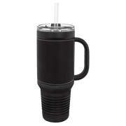 Polar Camel 40 oz. Black with Black/Silver Laserable Leatherette Travel Mug with a Handle & Straw