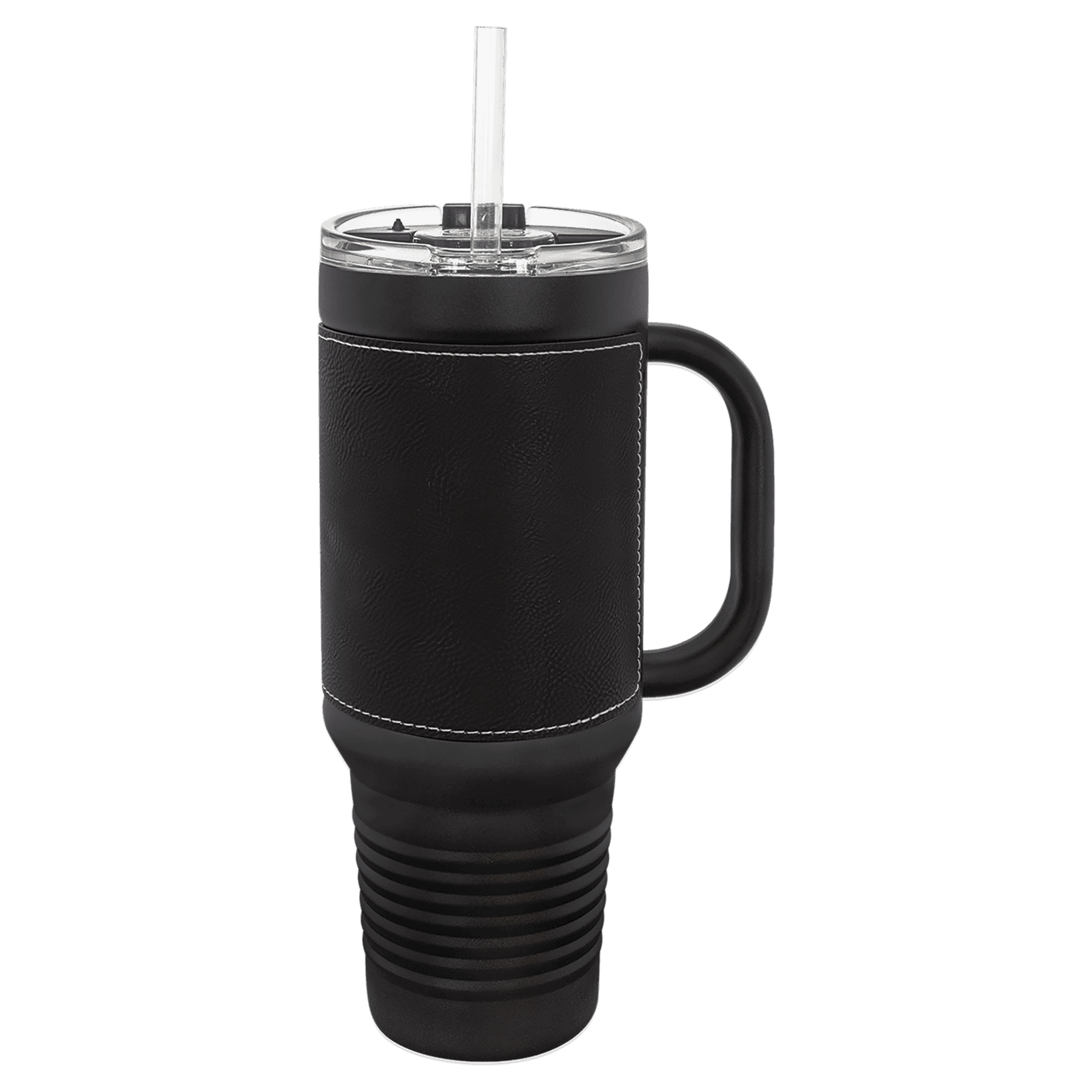 Polar Camel 40 oz. Black with Black/Silver Laserable Leatherette Travel Mug with a Handle & Straw