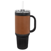 Polar Camel 40 oz. Black with Rawhide Laserable Leatherette Travel Mug with a Handle & Straw