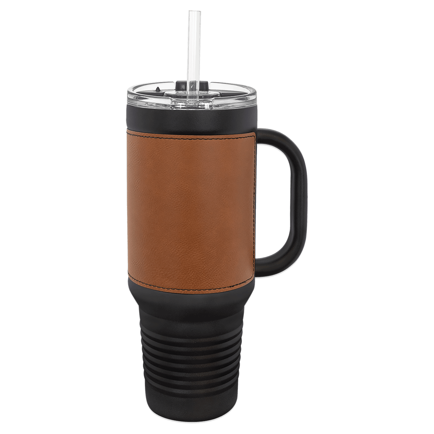 Polar Camel 40 oz. Black with Rawhide Laserable Leatherette Travel Mug with a Handle & Straw