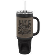 Polar Camel 40 oz. Black with Gray Laserable Leatherette Travel Mug with a Handle & Straw