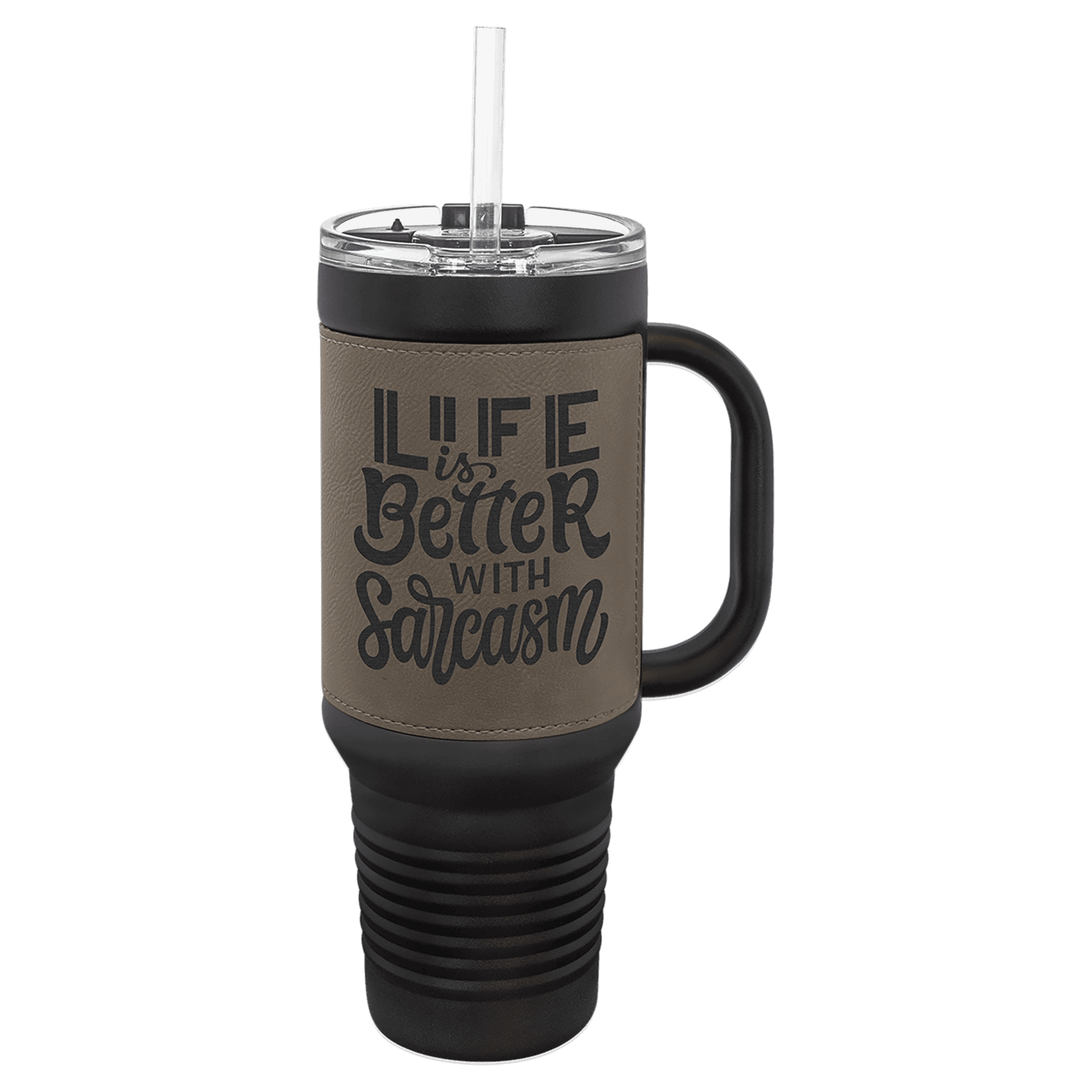 Polar Camel 40 oz. Black with Gray Laserable Leatherette Travel Mug with a Handle & Straw