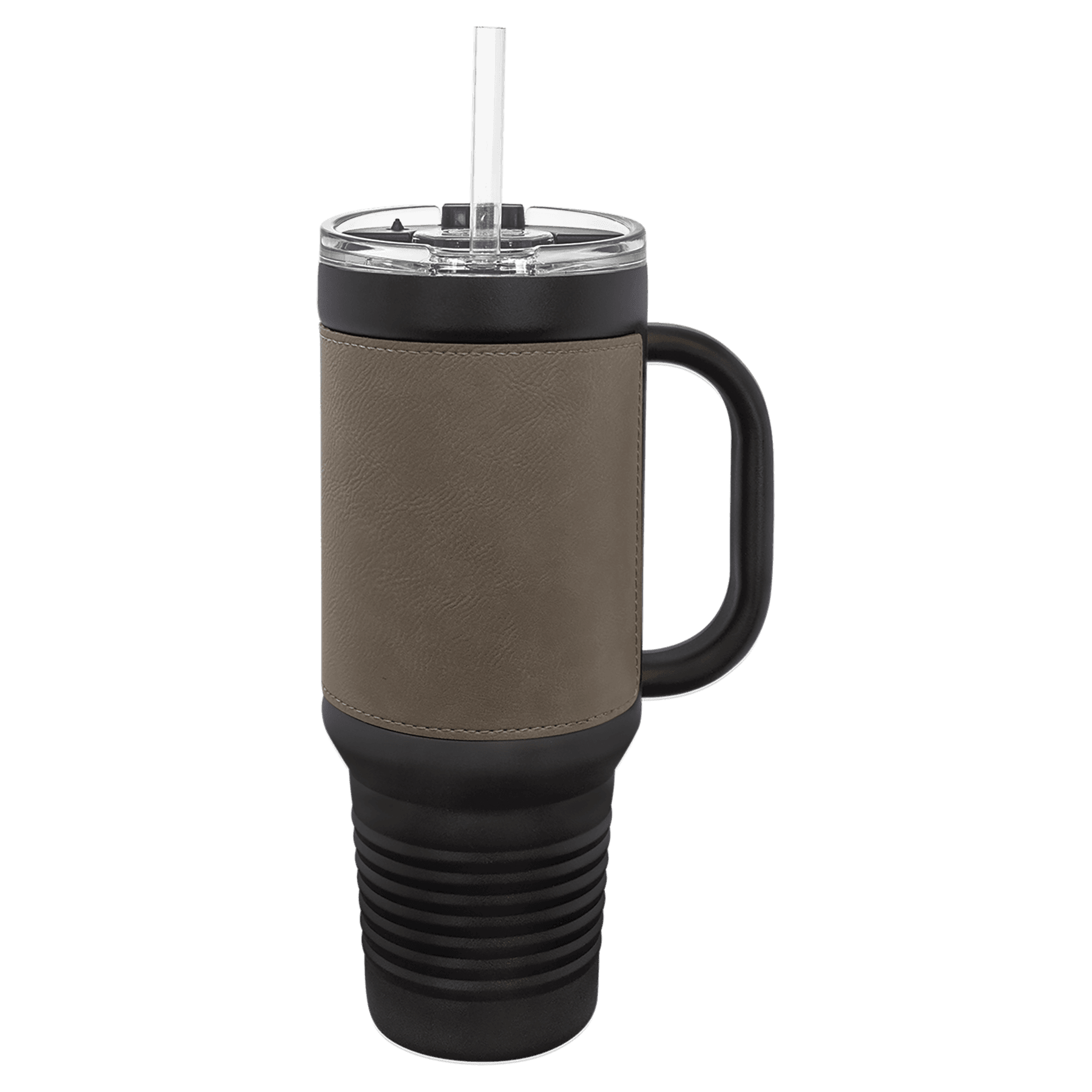 Polar Camel 40 oz. Black with Gray Laserable Leatherette Travel Mug with a Handle & Straw