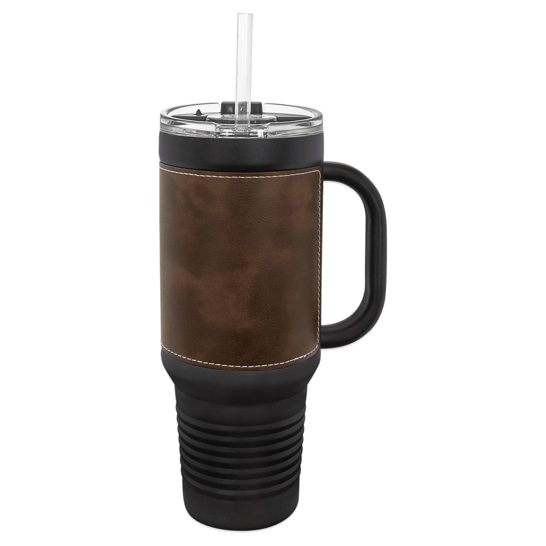 Polar Camel 40 oz. Black with Rustic/Silver Laserable Leatherette Travel Mug with Handle & Straw