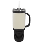 Polar Camel 40 oz. Black with White Laserable Leatherette Travel Mug with a Handle & Straw
