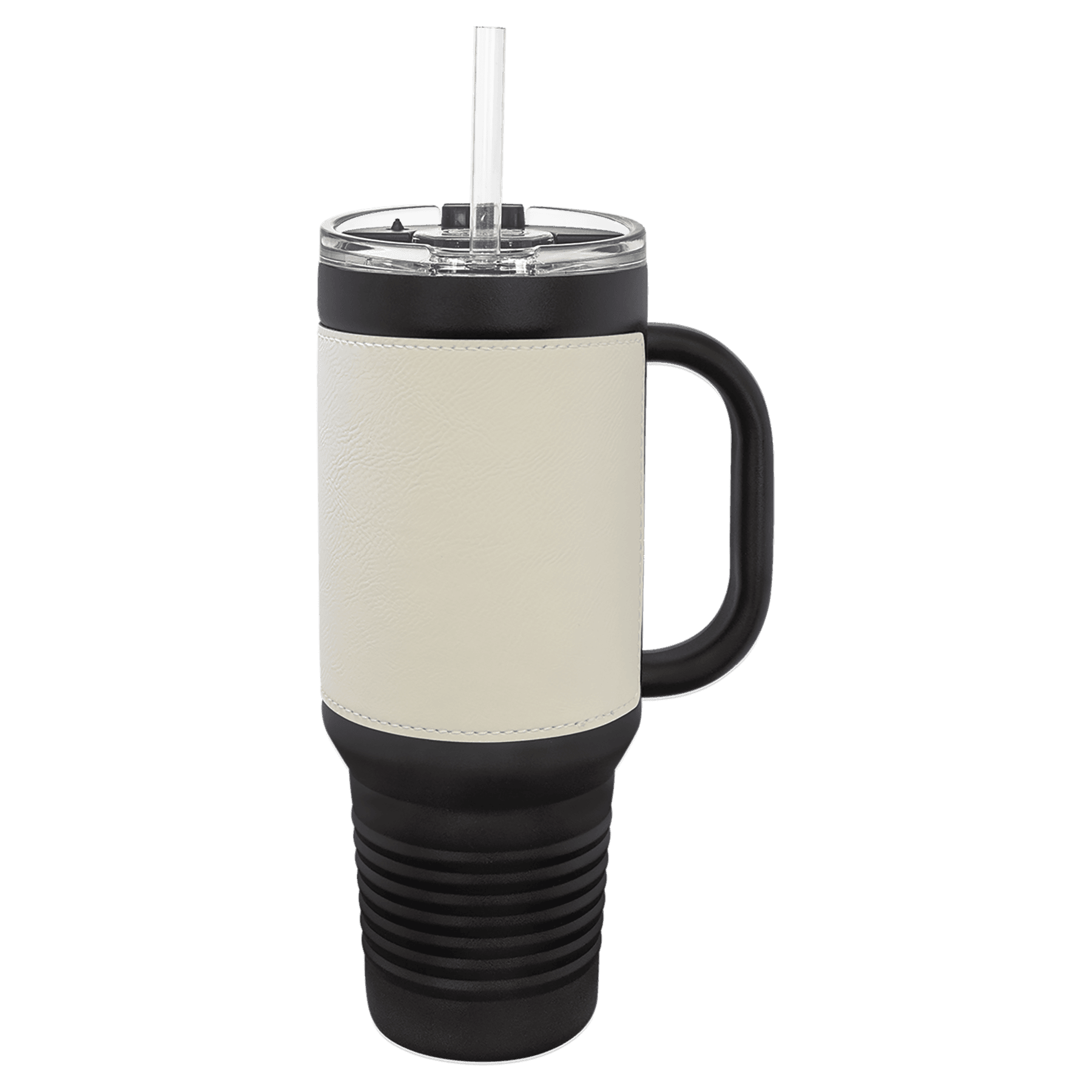 Polar Camel 40 oz. Black with White Laserable Leatherette Travel Mug with a Handle & Straw