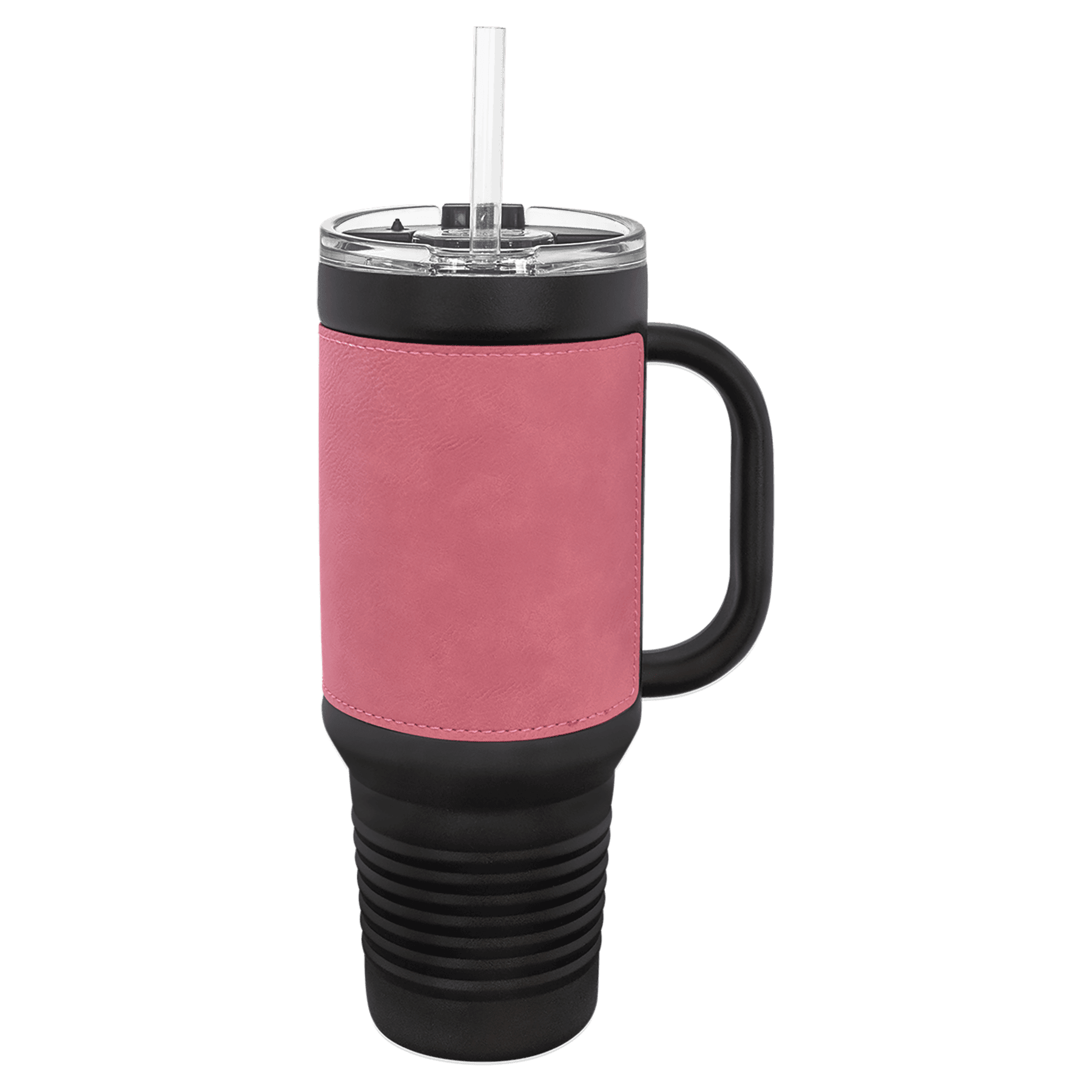Polar Camel 40 oz. Black with Pink Laserable Leatherette Travel Mug with a Handle & Straw