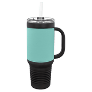Polar Camel 40 oz. Black with Teal Laserable Leatherette Travel Mug with a Handle & Straw