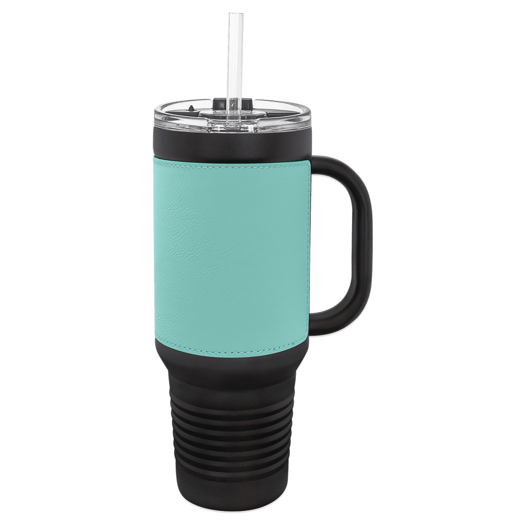 Polar Camel 40 oz. Black with Teal Laserable Leatherette Travel Mug with a Handle & Straw