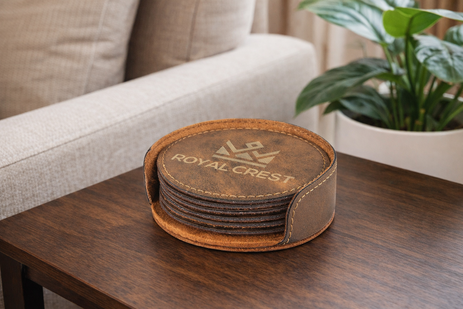 Personalized Rustic/Gold Round Leatherette 6-Coaster Set