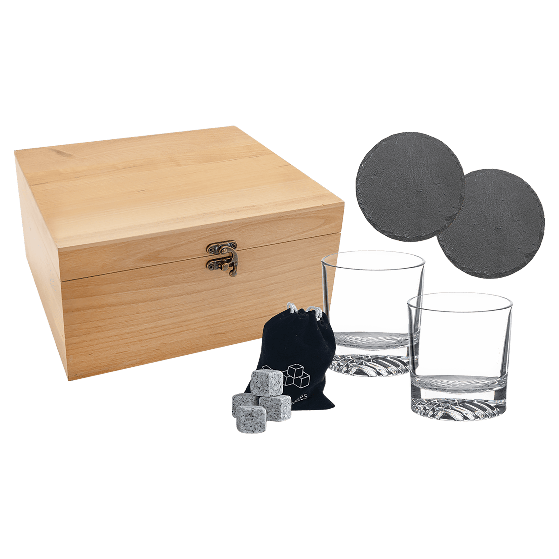 Red Alder Whiskey Set with Two 9 oz. Glasses, Two 4" Slate Coasters, and Eight Granite Whiskey Stones with Black Velvet Bag
