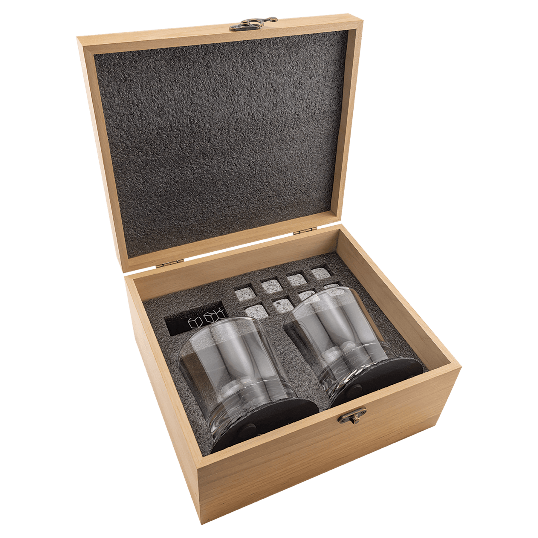 Red Alder Whiskey Set with Two 9 oz. Glasses, Two 4" Slate Coasters, and Eight Granite Whiskey Stones with Black Velvet Bag