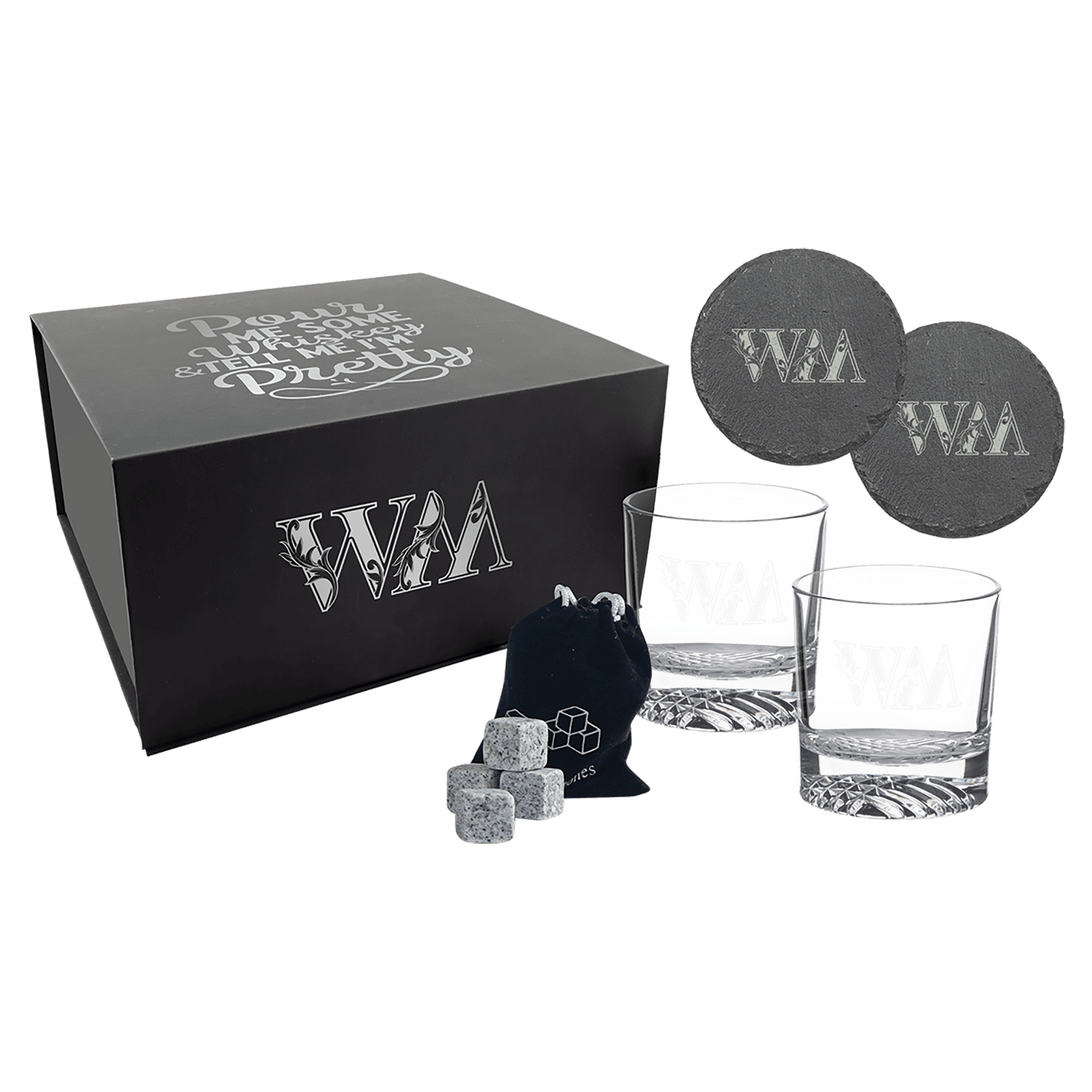 Lazerburst Whiskey Set with Two 9 oz. Glasses, Two 4" Slate Coasters, and Eight Granite Whiskey Stones with Black Velvet Bag