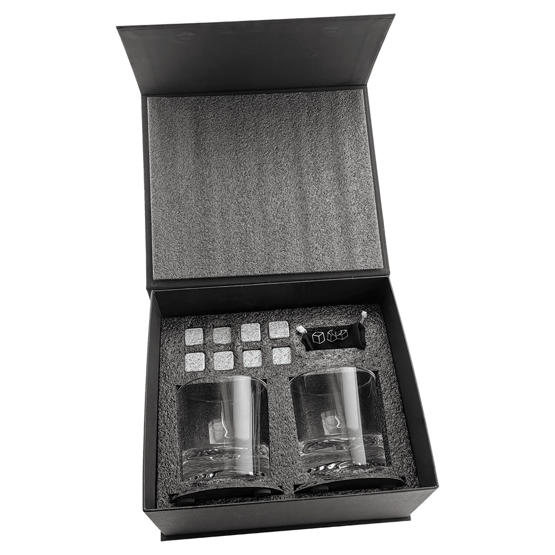 Lazerburst Whiskey Set with Two 9 oz. Glasses, Two 4" Slate Coasters, and Eight Granite Whiskey Stones with Black Velvet Bag