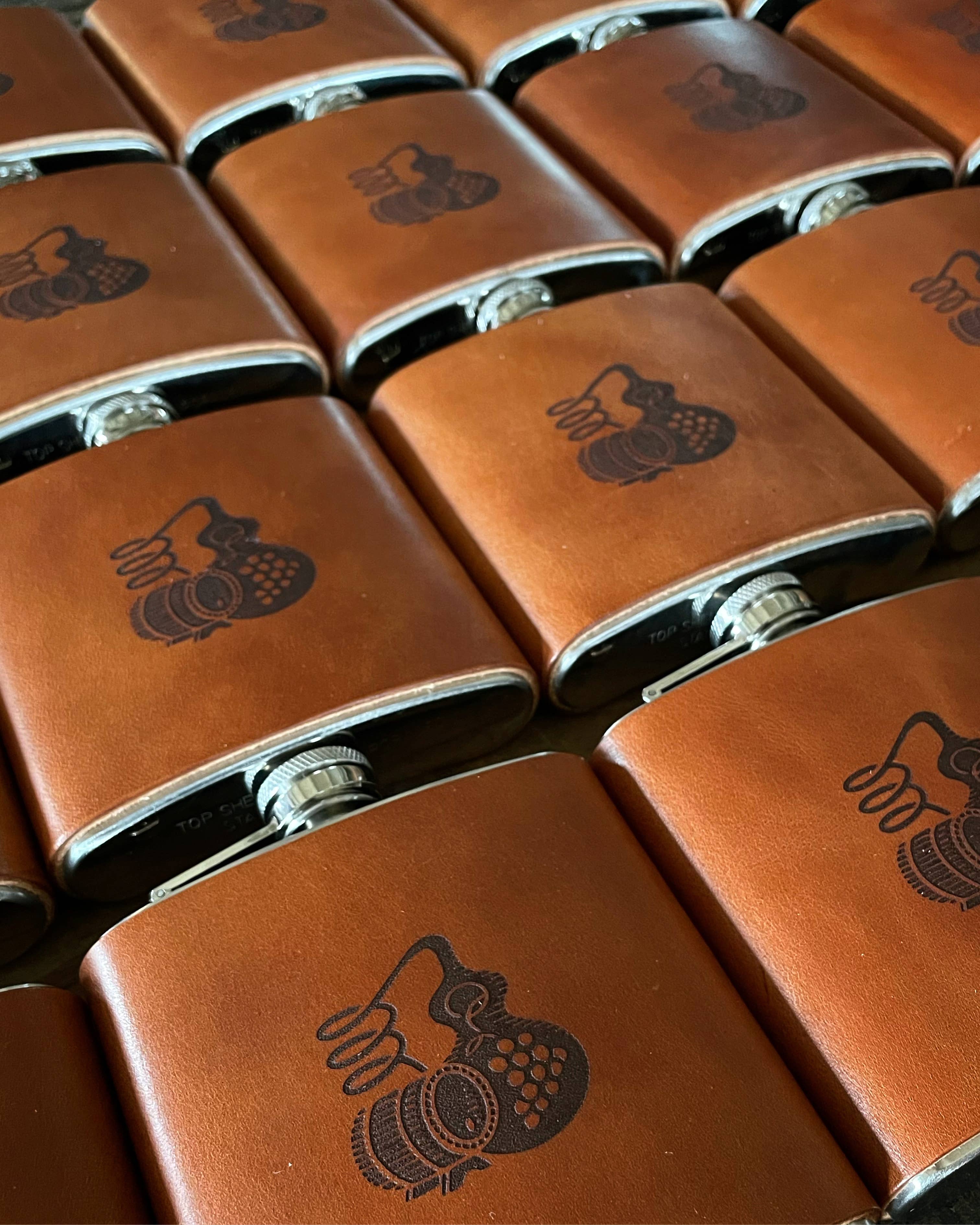 6 oz. Stainless steel, genuine leather Flask